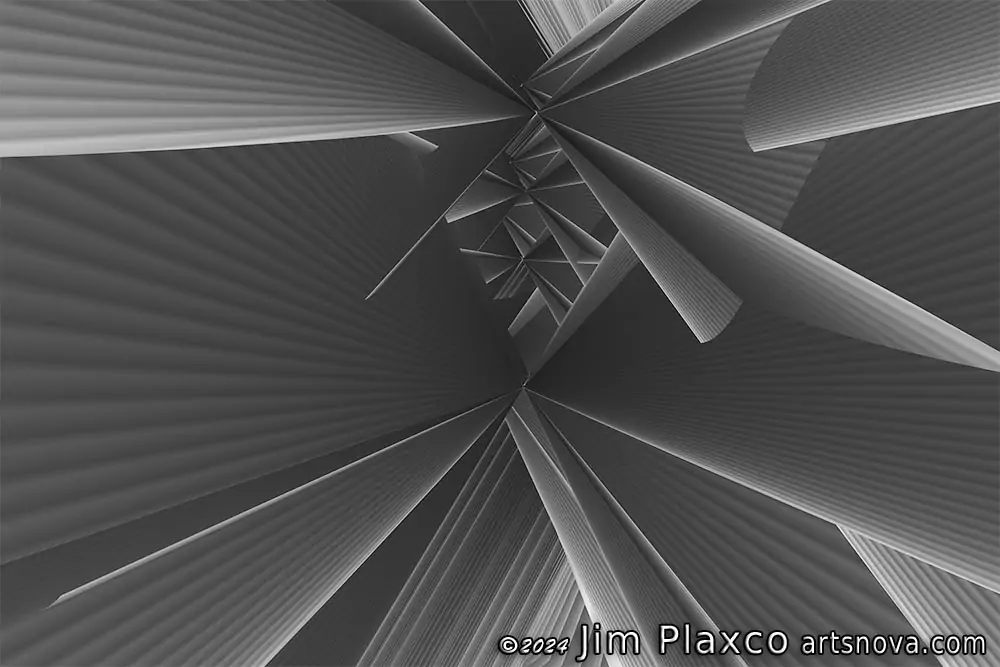 Example of a generative geometric artwork created in 3D using Object Oriented Programming